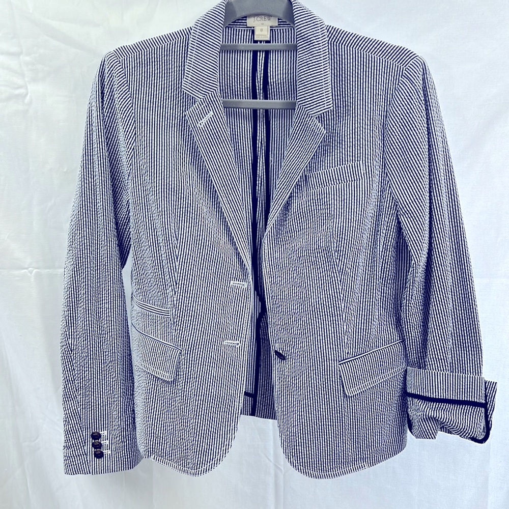 J. Crew Navy & White Striped Seersucker Blazer